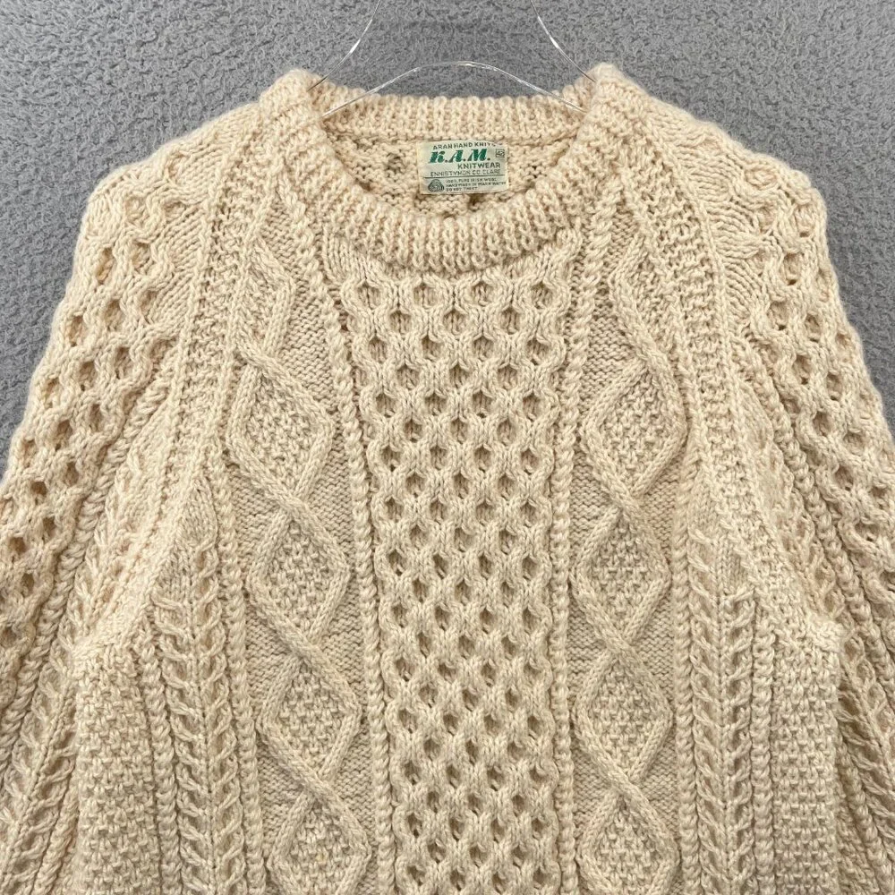 Vintage Mens Irish Fisherman Sweater KAM Knitwear Aran Hand Knits Wool 42 Medium - Picture 6 of 14